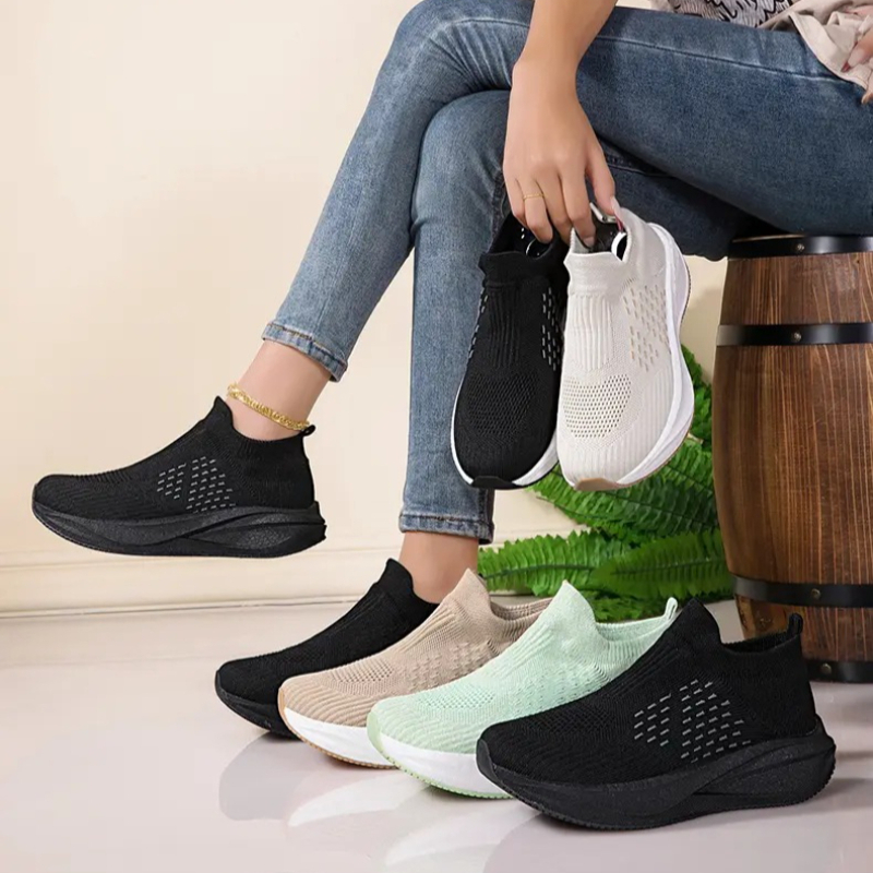Knit Fabric Lace Up Sneakers - Unisex Slip-on Sock Running Shoes Ademende