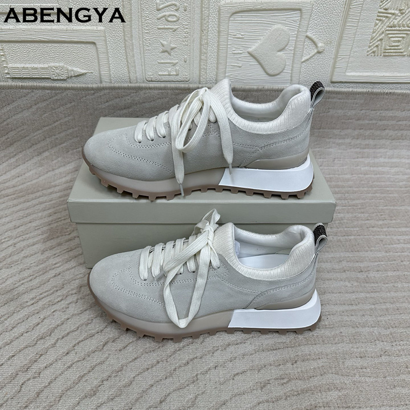 2025 Witte Gebreide Suede Plat - Knit Fabric Lace Up Sneakers recensie en prijs